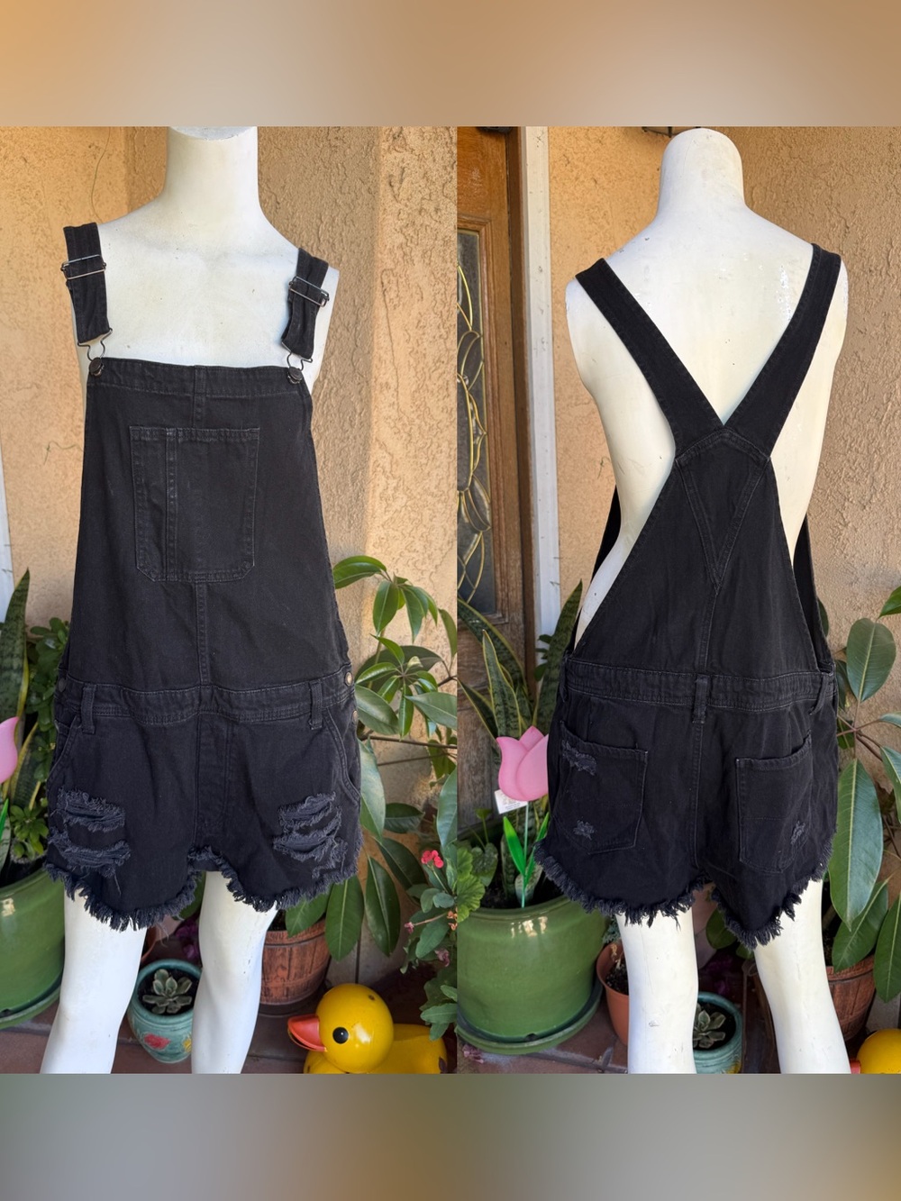 American Eagle Outfitters Black Distressed Denim Shortie Short Overalls LARGE